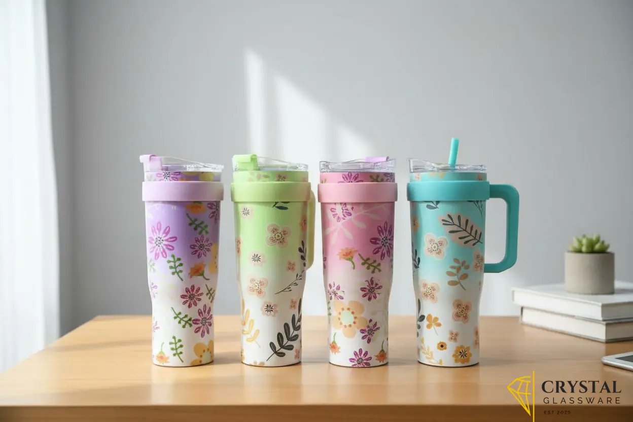 Floral insulated travel tumbler features a convenient handle a matching turquoise upper band and a reusable straw